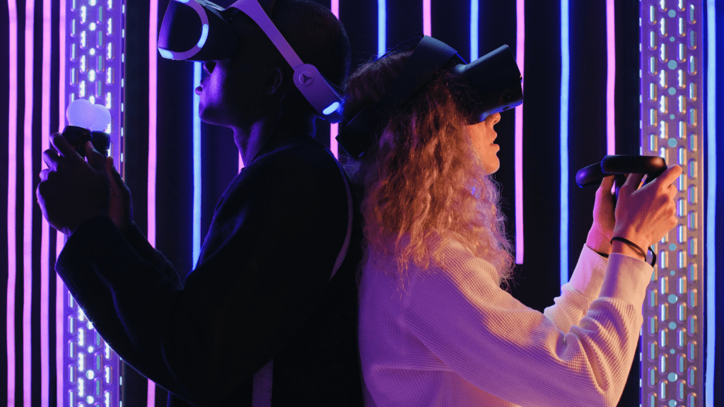 Two people playing a virtual reality game