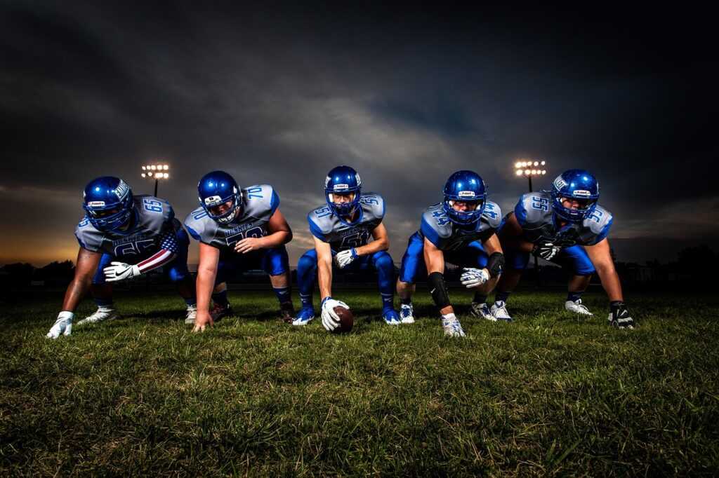athletes, american football, players, football team, football players, football field, team, ball, field, football, game, grass, helmets, men, people, rugby, sport, nature, stadium, uniforms